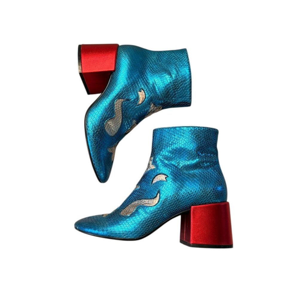 MM6 Maison Margiela Metallic Snake-Effect Leather Ankle Boots EU 39 Blue Red